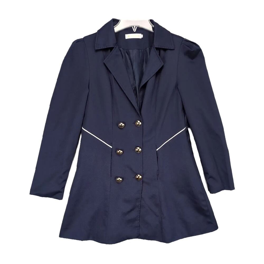 Korean Women's M Double‎ Breasted Mid-Length Satin Navy Blazer Jacket w/ Pockets